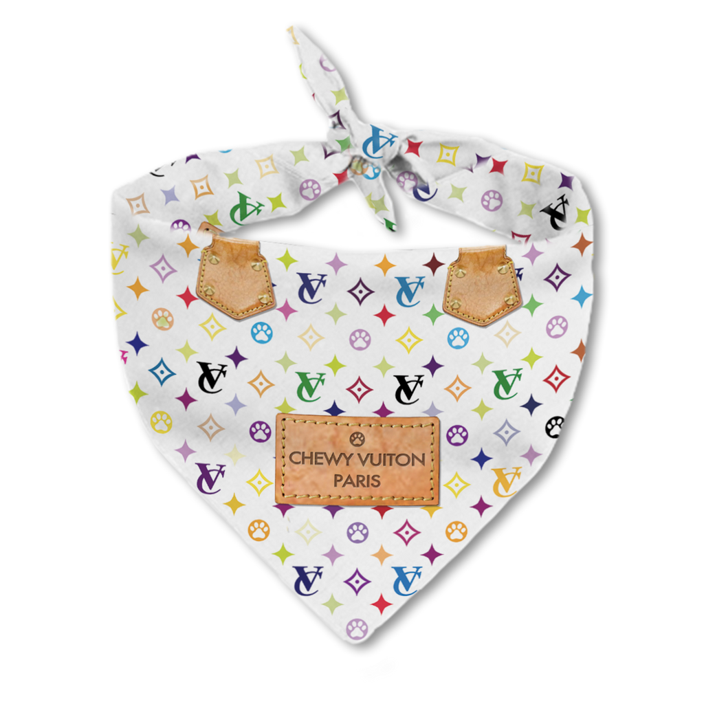 Chewy Vuiton white designer dog bandana with signature playful print, a Millionaire Mutt luxury accessory