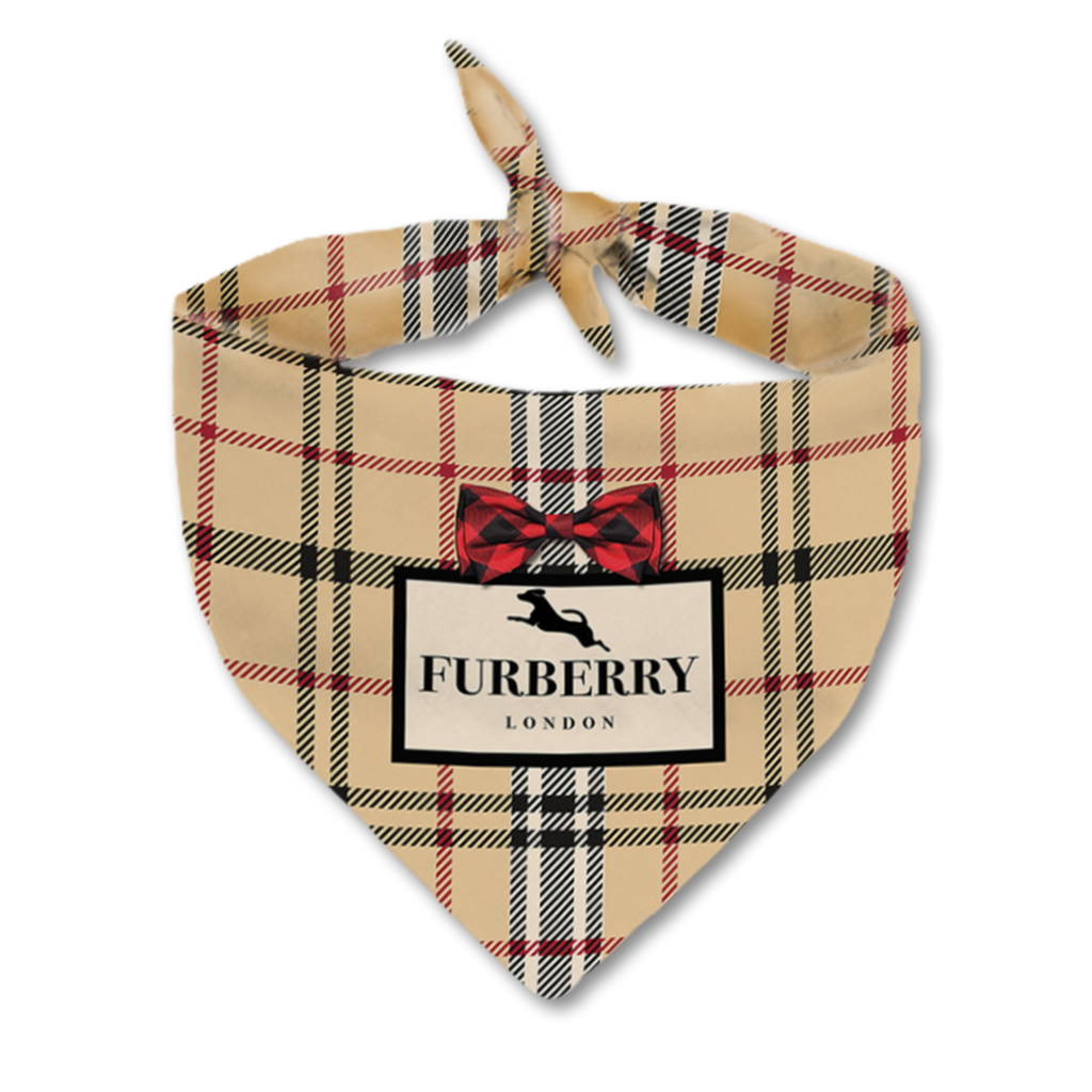 Luxury Furberry plaid dog bandana on a pampered pup, showcasing classic style by Millionaire Mutt